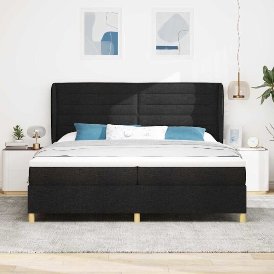 Boksfjær Seng med madrass Svart 200 x 200 cm stoff