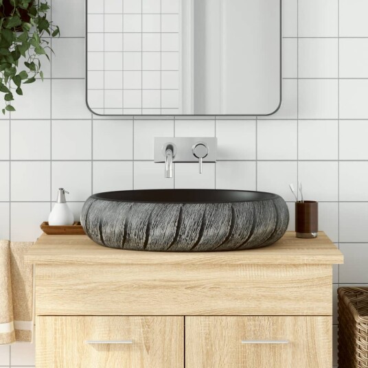 vidaXL Benkeservant svart og grå oval 59x40x15 cm keramikk