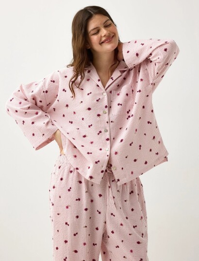 Lindex Pyjama Shirt In Seersucker Pink M