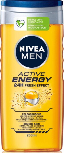 NIVEA Men Active Energy Shower Gel – 3-i-1 til kropp, ansikt og hår med koffein (250 ml)