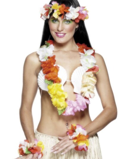 Hawaii Krans Hodekrans og to Armbånd med Røde Gule Hvite og Rosa Blomster Hawaii Krans Hodekrans og to Armbånd med Røde Gule Hvite og Rosa Blomster