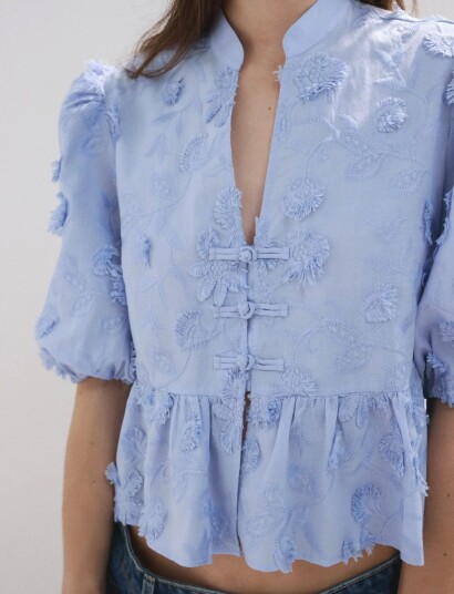 Mango Embroidered Puff Sleeve Blouse Blue XS