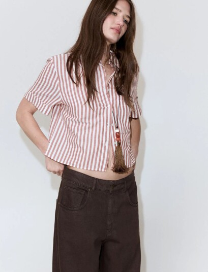 Mango Striped Cotton Linen Shirt Burgundy L