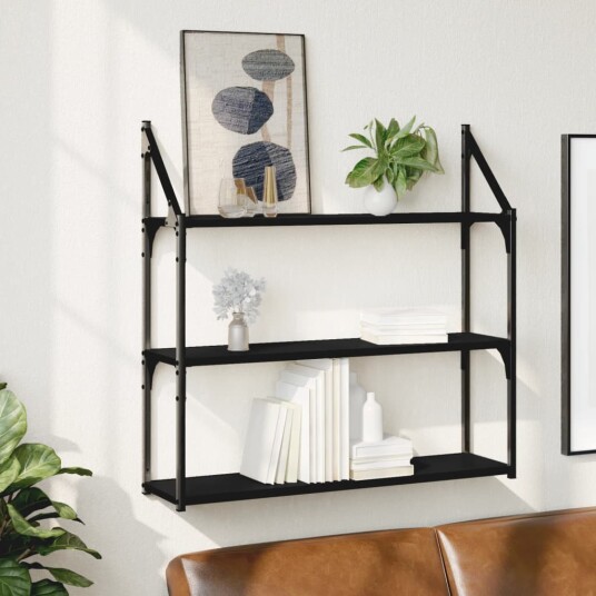 Vegghylle 3 etasjer svart 80x21x78,5 cm konstruert tre 8721012126152