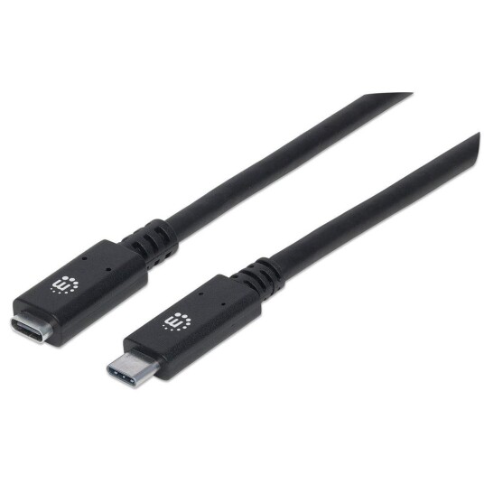 MANHATTAN SuperSpeed+ USB-C Extension Cable 0.5m USB 3.1 Gen 2 Type-C Male to Type-C Female 10 Gbps 5 A 50 cm 1.5 ft. Black