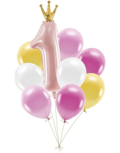 First Birthday Ballongbukett med Folie 1 tall og 6 Lateksballonger Jente