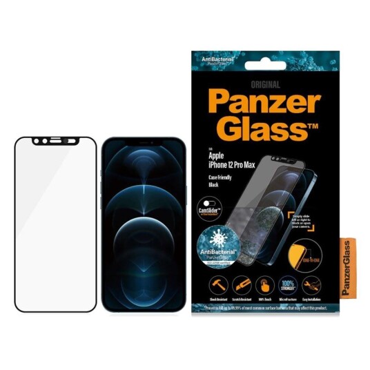 PanzerGlass iPhone 12 Pro Max PanzerGlass Antibakteriell Edge-To-Edge Skjermbeskytter - CamSlider - Case Friendly - Svart Kant