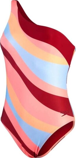 Speedo Women's Printed Asymmetric 1 Piece 32 , Oxblood/Coral