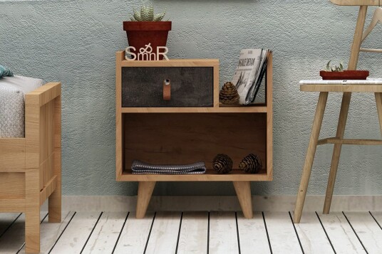 Mod Design Nattbord 50 cm med Oppbevaring Skuff + Hylle Lærb - Grå/Tre