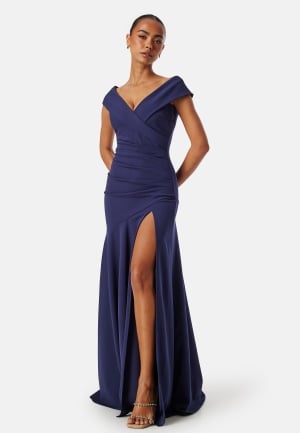 Goddiva Bardot Pleat Maxi Split Dress Dark blue M UK12 