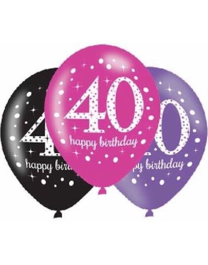 40 Års Dagen   6 stk Svart Rosa og Lilla Ballonger 27,5 cm