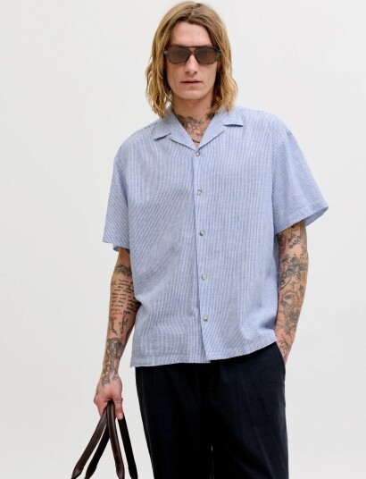Jack & Jones Jjesummer Linen Blend Resort Shirt Ss Sn   Blue   XL