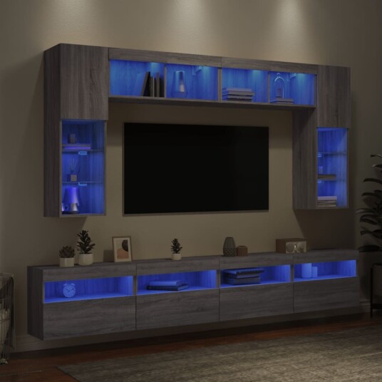 vidaXL Vegghengte TV-benker med LED 8 stk grå sonoma 8721012471849