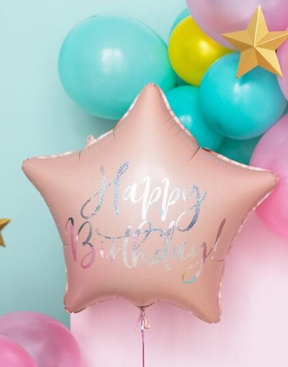 Happy Birthday! Stjerneformet Lys Pudderrosa Folieballong med Iriserende Skrift 40 cm Happy Birthday! Stjerneformet Lys Pudderrosa Folieballong med Iriserende Skrift 40 cm