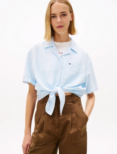 Tommy Jeans Tjw Tie Front Linen Shirt   Blue   XL