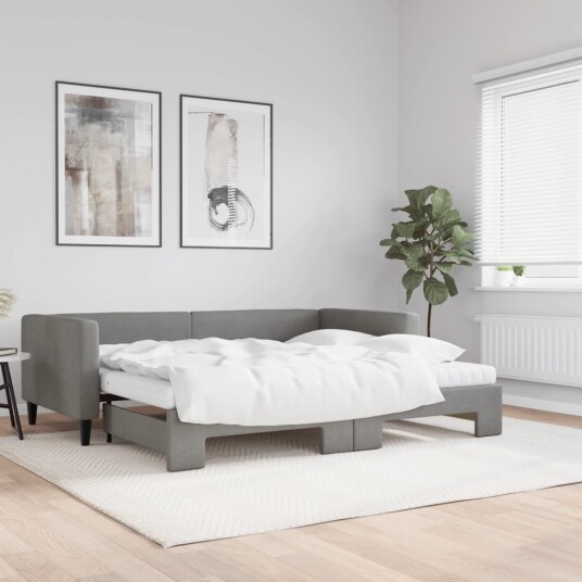  Uttrekkbar dagseng med madrass mørkegrå 90x190 cm stoff