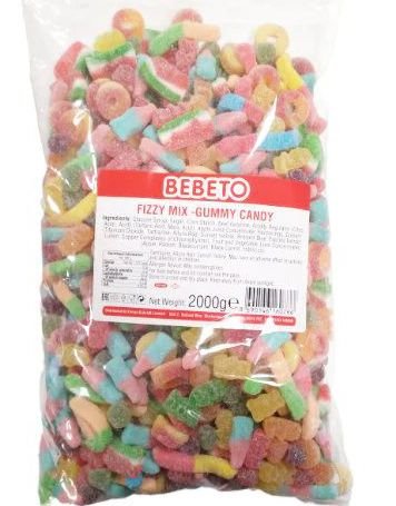 2 kg Bebeto Fizzy Mix Stor pose med Blandet Sur og Søt Vingummi