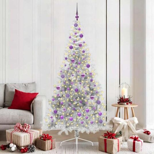 Kunstig Forhåndsopplyst Juletre med 300 LED sølv 210 cm PET