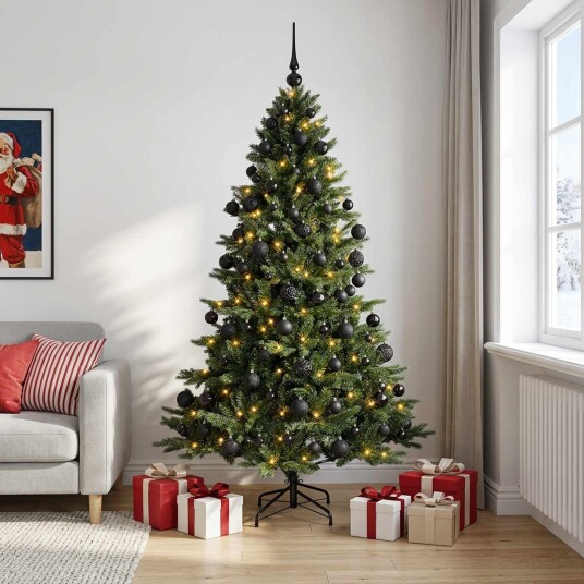 vidaXL Kunstig juletre med julekuler 240 cm 300 LED-lys Varmhvit