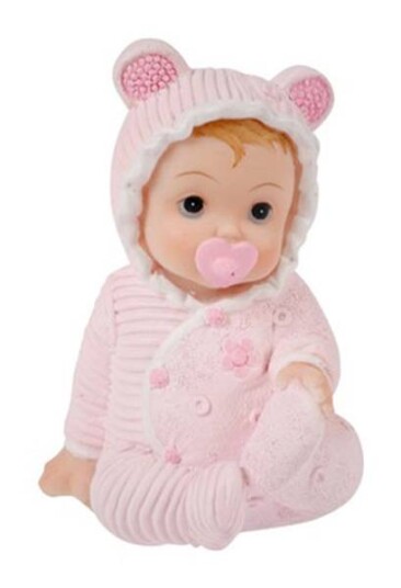 Bordpynt sittende baby m/ smokk rosa