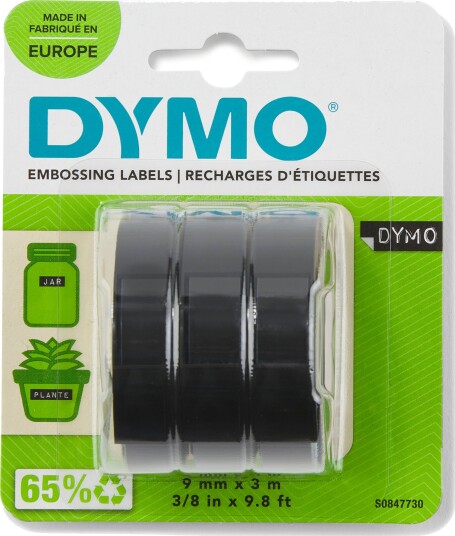 DYMO pregetape selvklebende, 9mm x 3m ruller, hvit på sort, 3-pakk DYMO pregetape selvklebende, 9mm x 3m ruller, hvit på sort, 3-pakk