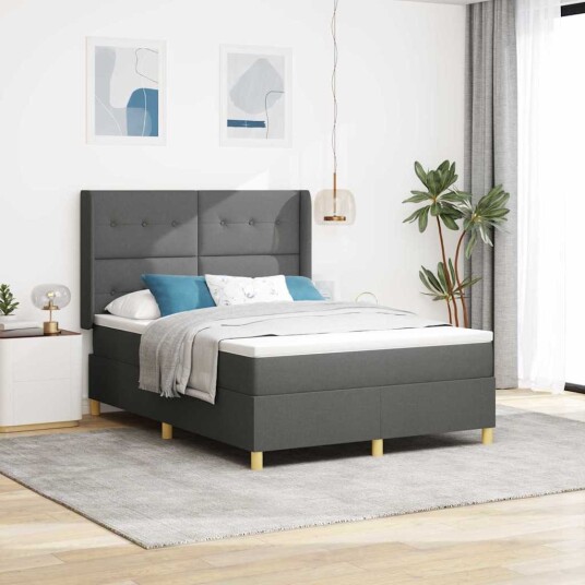  Box Spring Seng med Madrass & LED Mørkegrå 140x200 cm Stoff