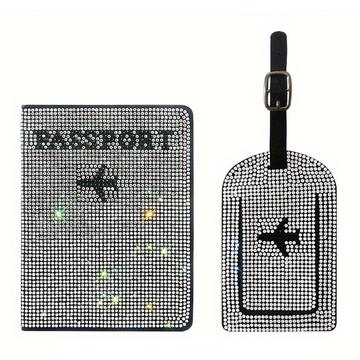 Sett med passholder og bagasjelapp med rhinsteiner   hvit
