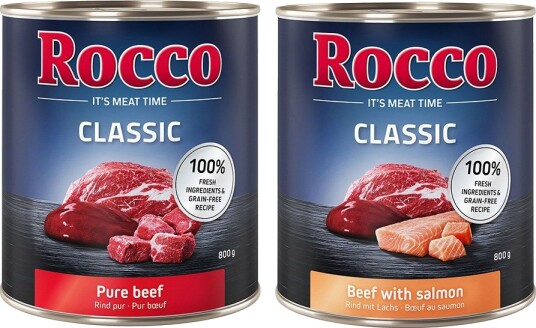 Rocco Våtfôr Økonomi Classic Rent Storfekjøtt & Storfekjøtt Med Laks 12 X 800 G