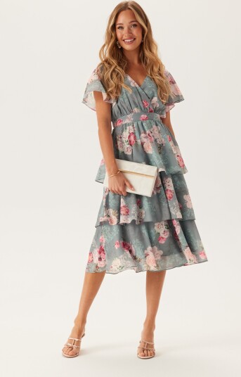 Goddiva Floral Flutter Tiered Midi Dress