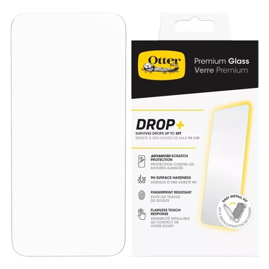 OtterBox Premium Drop+ Defense iPhone 15 Skjermbeskyttelsesglass med installasjonssett - Passer til deksel - Gjennomsiktig