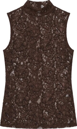 Topshop Tscoco Lace High Neck S/L Top Jrs - CHOCOLATE BROWN - S