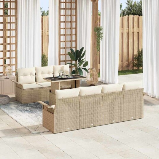 8-delt hagesofa-sett med beige puter i polyrodd