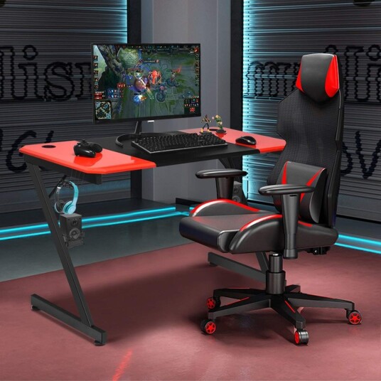 Z formet spillbord datamaskinbord PC bord med koppholder hodetelefonkrok og høyttalerstativ skrivebord svart/rødt Z formet spillbord datamaskinbord PC bord med koppholder hodetelefonkrok og høyttalerstativ skrivebord svart/rødt