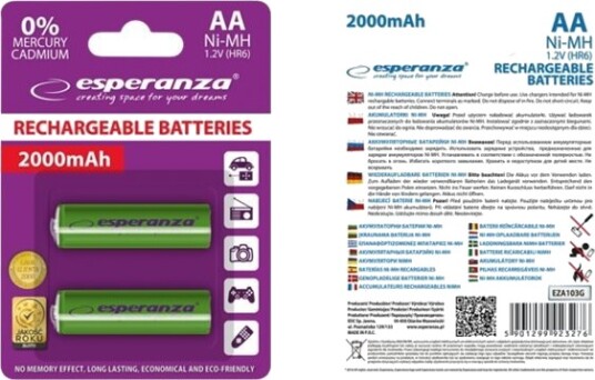 Esperanza Batteri 2 X Aa-Type Nimh 2000 Mah Grønn 