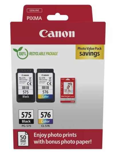 Canon PG-575/CL-576 Photo Paper Value Pack - 2-pack - svart farge cyan magenta gul - original - hengeboks - blekkpatron/papirsett - for PIXMA TR