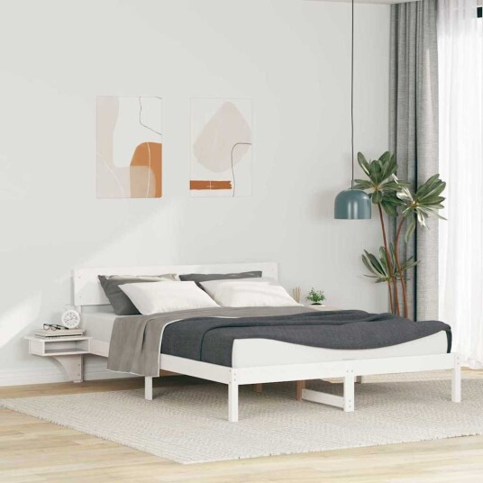 Sengeramme med nattbord Hvit 150 x 200 cm Heltre furu Sengeramme med nattbord Hvit 150 x 200 cm Heltre furu