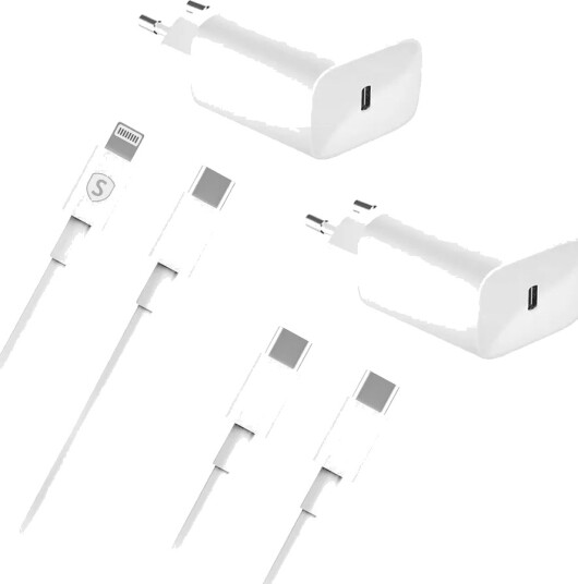 SiGN USB-C hurtiglader 20W + USB-C til Lightning/USB-C-kabel – 2-pakning Hvit