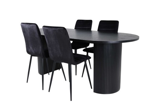 Venture Design Bianca & Windu spisegruppe Svart/svart 4 stoler & bord 200 x 90 cm