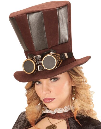 Brun Steampunk Flosshatt med Skinnimiterte Partier og Goggles Brun Steampunk Flosshatt med Skinnimiterte Partier og Goggles