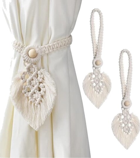 Set med 2 Boho gardinbindinger blad bomull blonder gardiner