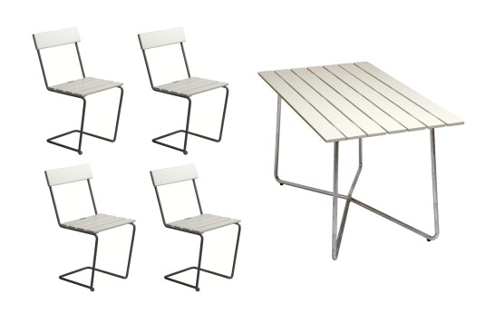 Grythyttan Stålmöbler B25 spisegruppe Hvitlakkert ek/galvanisert stål 4 stoler & bord 120 x 70 cm