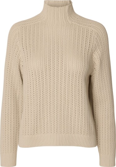 Selected Slwolga Ls Knit Structure High Neck Cream M