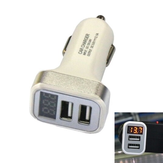 USB-billader med 2 USB-porter og display, sølv