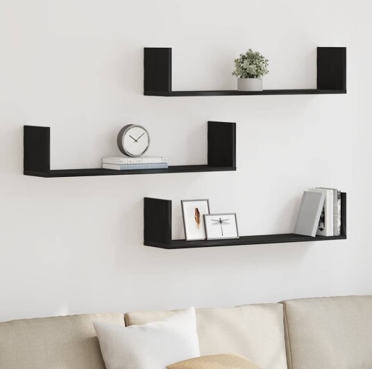 vidaXL Vegghyller 3 stk svart eik 80x18x18 cm konstruert tre