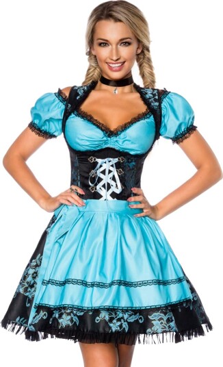 Svart Luksus Dirndl Oktoberfestkjole med Blomstermønster i Blått