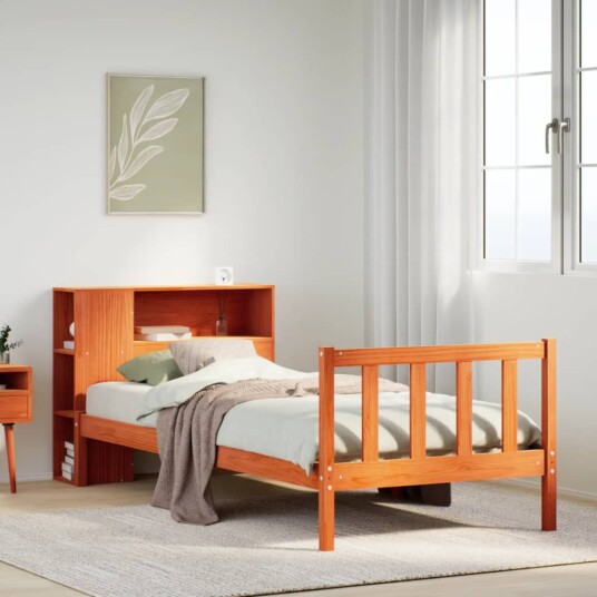 Seng med bokhylle uten madrass voksbrun 90x200 cm heltre furu 8721158604736