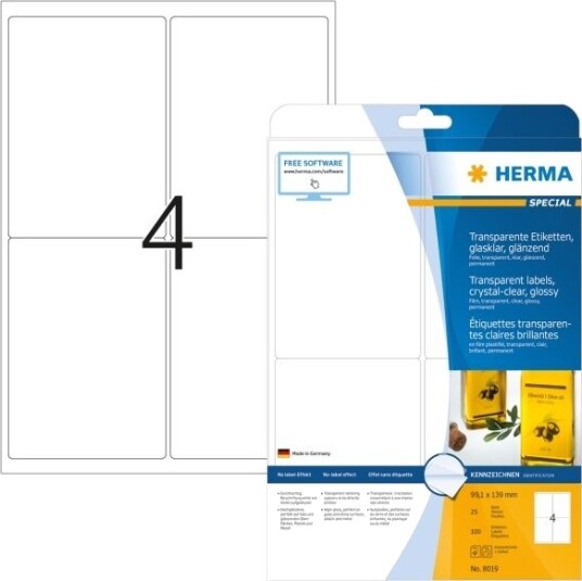 Herma Special   Blank   Gjennomsiktig   99.1 X 139 Mm 100 EtikettEr 25 Ark X 4 Transparente Filmetiketter