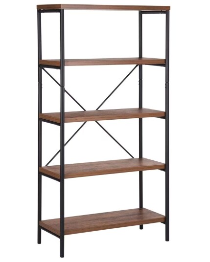 Bokhylle Mørkt tre Svart stål 160 x 80 x 36 cm 5 åpne hyller Reol Oppbevaring Kontor Stue Moderne Industriell