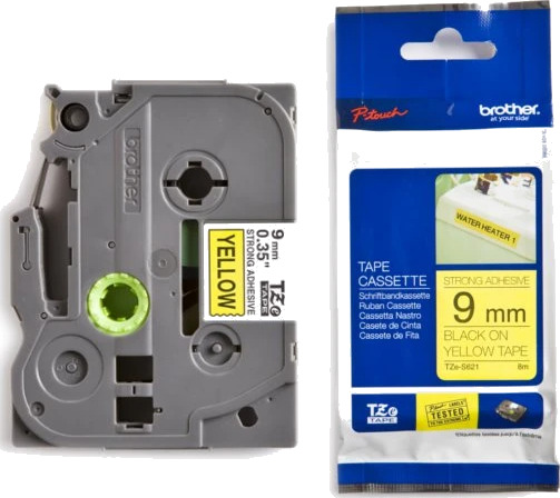 Brother P-Touch Tape Sort på Gul 9mm Ekstra Klebende (8m)