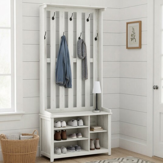 Gangmøbel 81×35×180 cm / garderobestativ med benk og justerbar skohylle – Hvit Gangmøbel 81×35×180 cm / garderobestativ med benk og justerbar skohylle – Hvit